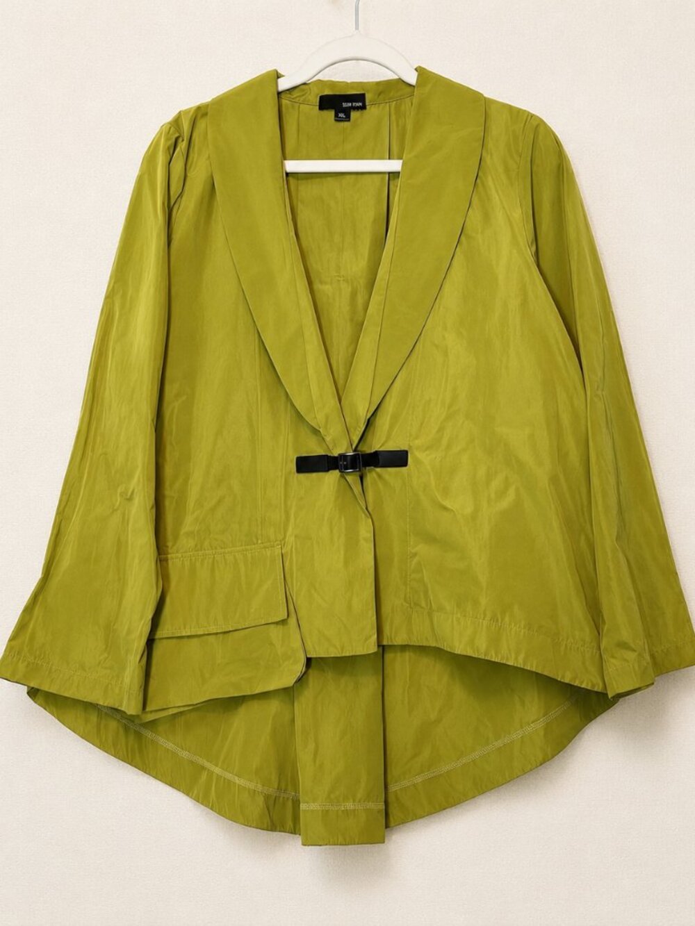 Sun Kim Womens Belted Jacket XL Chartreuse Shawl Collar Crinkle Aline Minimalist
